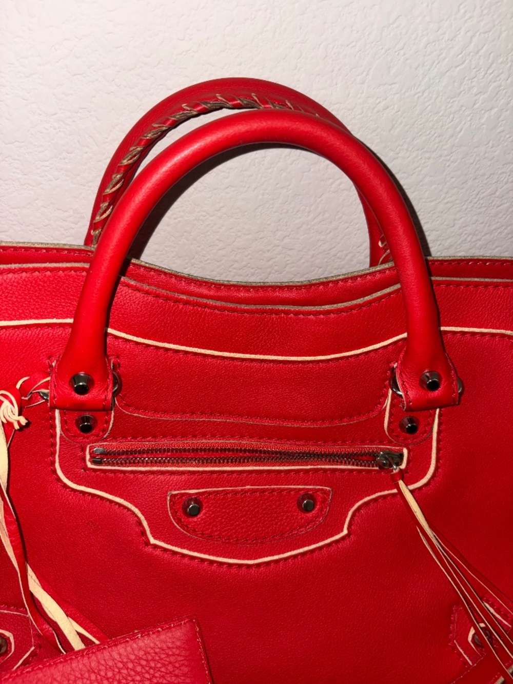 Balenciaga Highlight City Moto Calfskin Leather Rouge White Piping Bag View 3